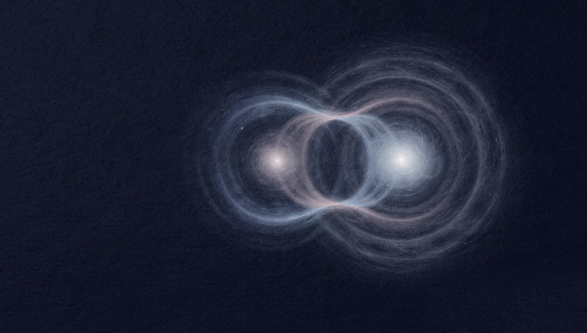 Abstrakte Illustration: Zwei leuchtende Zentren senden Resonanzringe aus, die sich auf dunkelblauem Grund verbinden